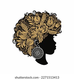 Hair style with ethnic flowers, vector hand drawn art