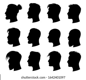 Hair style man. Men with variety of fashionable hairstyles. Design element for beauty salon and hairdresser. Skin and hair care. Head silhouette profile. Isolated black silhouette. Vector illustration