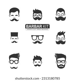 hair style of men or mustache with glasses and hairs set barber logo icons kit
