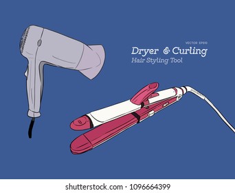 Hair stylers, dryer and curking hair tool. hand draw sketch vector.