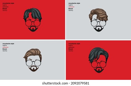 hair styles caricature face with different moustache, barber logo, red background, grey background, face illustration