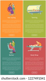 Hair styling and barber, body wrap and tanning in solarium posters. Spa and cosmetic procedure in beauty saloon banner set isolated vector sample