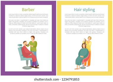 Hair styling and barber working with man client posters set with text sample vector. Beauty care and stylists with male and female, service for people