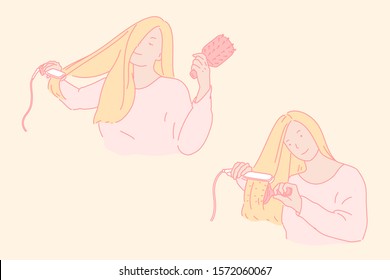 Hair styling, beauty care concept. Young woman straightening long hair, blonde with iron device and comb, girl wilt brush and electrical appliance, updoing, event preparation. Simple flat vector