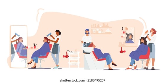 Hair Styling Concept. Female Characters Visiting Beauty Salon for Making Hairstyle. Young Women Sitting front of the Mirror, Master Painting and Drying Hair. Cartoon People Vector Illustration