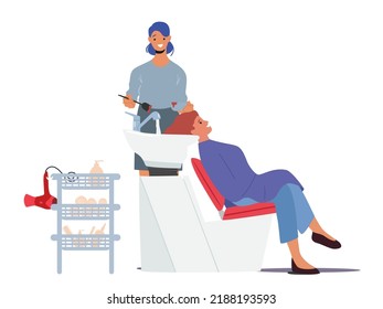 Hair Styling Concept. Young Women Sitting at Sink, Hairdresser Master Painting Client Hair. Female Character Visiting Beauty Salon for Making Hairstyle. Cartoon People Vector Illustration