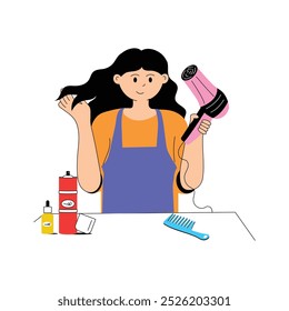 Hair styling, hairdresser flat illustration, professional hair stylist vector