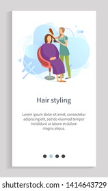 Hair styling, hairdresser holding hairdryer and bush equipments, hairstyle to woman, people characters in salon, beauty care, liquid shape vector. Website slider app template, landing page flat style