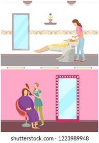 Hair styling hairdresser washing head of woman client vector. New hairstyle changing of color and haircut, dryer in hand of skillful expert service