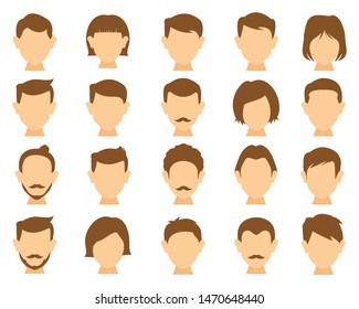 hair styling icons for woman and man. with different hairstyles and color