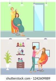 Hair styling and makeup visage by visagiste in spa beauty salon set vector. Hairdresser with client, cosmetics on shelves. Eyeshadows and brushes