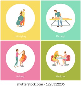 Hair styling and massage masseur wearing uniform vector. Manicure expert with client, visage and makeup by visagiste. Haircuts and body rub procedure