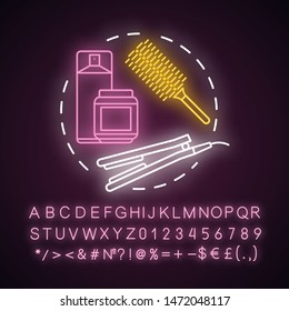 Hair styling neon light concept icon. Hair care products and electric equipment. Styling and hairdo tools idea. Glowing sign with alphabet, numbers and symbols. Vector isolated illustration