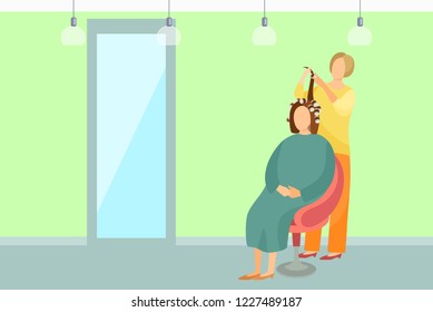 Hair styling poster with woman sitting in chair and hairdresser winds locks on curlers in spa salon interior vector. Female making hairstyle in beauty room