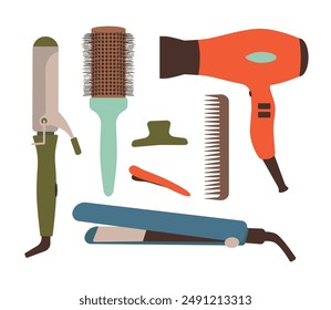 Conjunto de peinado. Herramientas de peluquería, secador de pelo, cepillo, plancha para alisar y rizador. Ilustración vectorial aislada