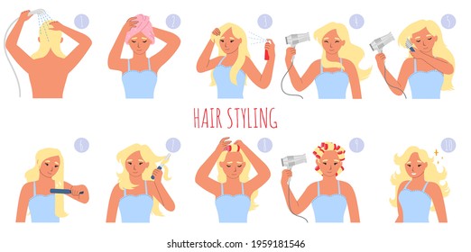 Hair styling steps, flat vector illustration. Washing, toweling, applying mousse, hairspray, foam, drying with hairdryer, using of curling iron and rollers. Hair care routine.