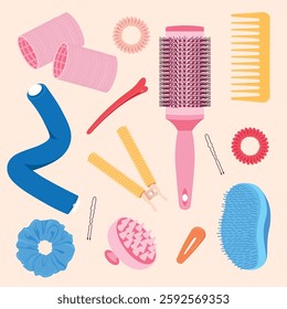 Hair Styling Tools and Accessories – Beauty Illustration, illustration of hair styling tools and accessories, including brushes, combs, curlers, and clips, Perfect for beauty blogs, salons