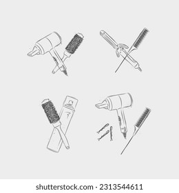 Hair styling tools and accessories compositions drawing on light background