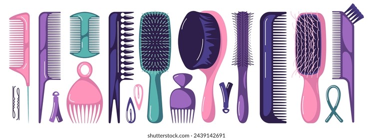 Hair styling tools. Cartoon professional hairdresser equipment, hair dryer straightener brush comb hairpin hairdresser accessories. Vector set. Colorful objects for beauty salon services