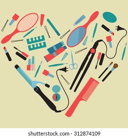 Hair styling tools, cosmetics products and manicure set. Heart-shaped flat icons. Postcard, invitation, wallpaper, flyer for your design