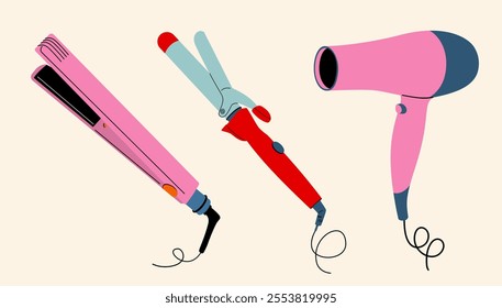 Hair styling tools. Hair dryer, straightener, curling iron.