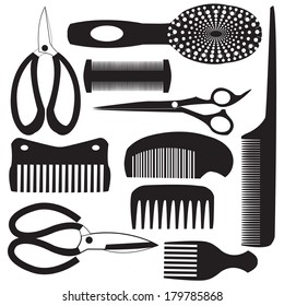 hair styling tools flat design icons black silhouette set