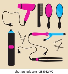 Hair styling tools. Flat icons. Hairbrush, comb, hairdryer, hair curler , hair straightener, hairspray, mirror, hairpins