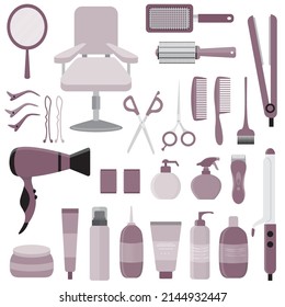 Hair styling tools kit set isolated on white background. Flat style accessories, shampoo, comb, hair curler, hairdryer, hair straightener, hairbrush, hairspray, mirror, hairpins ecc.