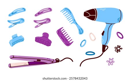 Hair Styling Tools Set. A modern flat-style illustration of hairstyling tools, including a hair dryer, combs, and straighteners. Perfect for beauty branding and hairstyling professionals