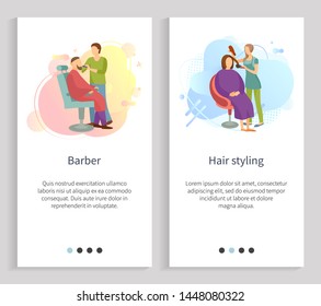 Hair styling vector, barber shop male making new hairstyle for client, lady sitting in chair and relaxing, people with professional treatment work. Website or slider app, landing page flat style