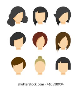 Hair styling vector illustration isolated on white background, haircut set on woman head silhouette, hair abstract model flat cartoon shapes design