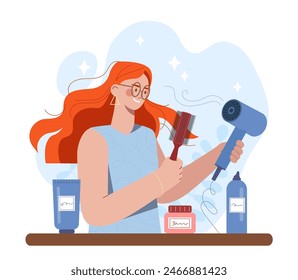 Hair styling woman. Young redheaded girl with hairdryer and hair comb. Shampoo and lotion. Beauty industry and hair care. Aesthetics and elegance. Flat vector illustration isolated on white background