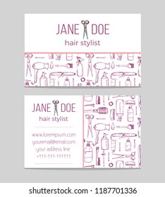 Hair stylish or hairdresser business card template with logo and seamless pattern with hand drawn elements