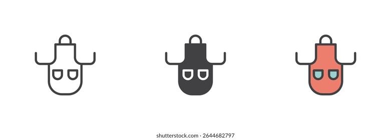 Hair stylist apron with neck loop and front pockets icon in line, solid and colorful filled outline styles. Vector barber icon and protective clothing symbol for grooming.