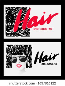 Hair stylist business cards with the head of a young woman with doodle hair. Vector illustration