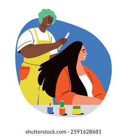 Hair stylist combing her client hair, flat style illustration