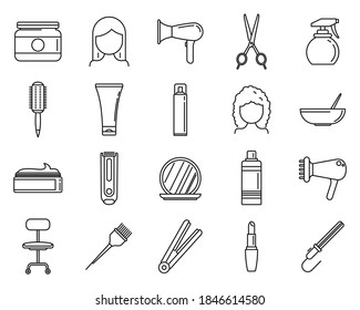 Iconos estilistas de pelo establecidos. Conjunto de esquemas de iconos vectoriales del estilo del cabello para el diseño web aislado en fondo blanco