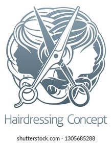 Hair stylist salon hairdresser concept with womens faces and scissors
