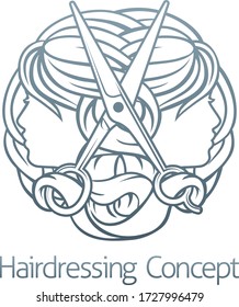 Hair stylist salon hairdresser with womens faces and scissors icon