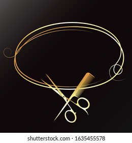 Hair stylist scissors and comb golden curls hair silhouette for beauty salon