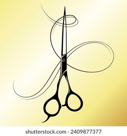 Hair stylist scissors and curled lock of hair. Sign for beauty salon and hairdresser