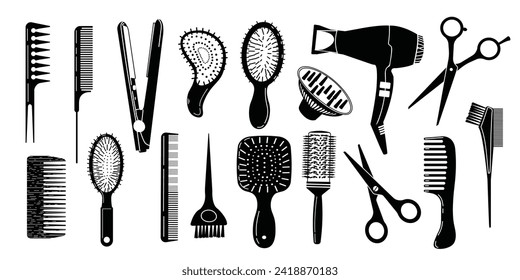 Hair stylist tools set. Black and white icons for hairdressing salon. Hair dryer, comb, scissors and professional tools for hairdressing salon.Vector illustration.