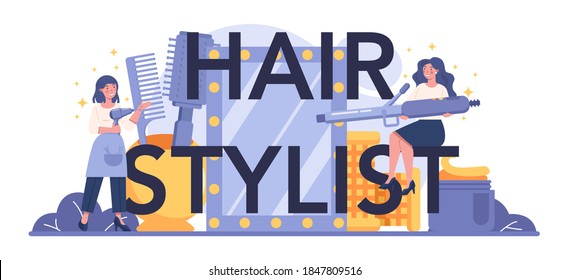 Hair stylist typographic header. Idea of hair care in salon. Scissors and brush, shampoo and haircut process. Hair coloring and styling. Isolated vector illustration