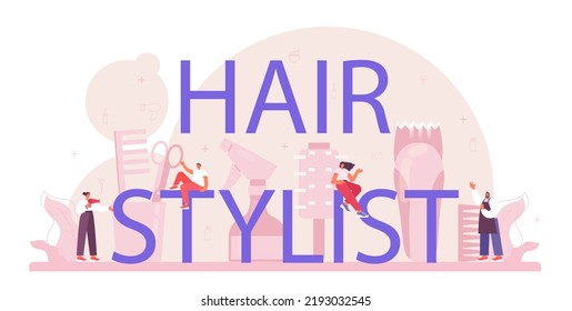 Hair stylist typographic header. Idea of hair care in salon with professional equipment, shampoo and treatment. Barber doing hair coloring and styling. Flat vector illustration