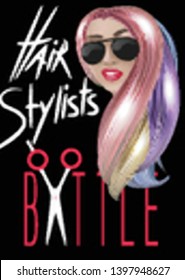 Hair stylists battle poster with long hair gorl. Vector illustration