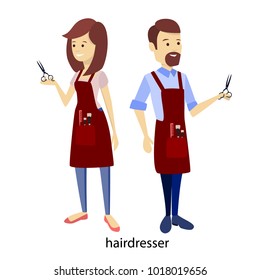 Hair stylists couple with scissors on white.