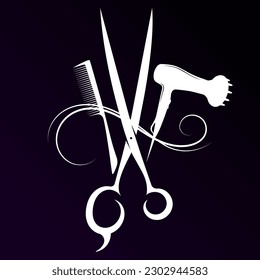 Hair stylists scissors, electric hair dryer and comb. Badge for beauty salon and hair stylist