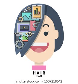 Hair tech - flat design illustration. variety devices. intelligent creator. graphic designer. modern technology. smart character. flat design vector illustration concept.