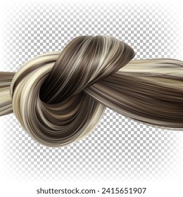 Hair tied in a knot. Vector 3D illustration of strong thick hair. Advertising for shampoo, conditioner, mask, hair dye, care products.