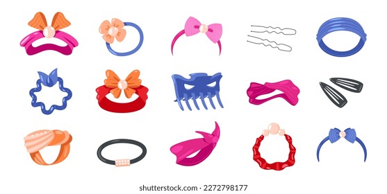 Hair ties. Cute hairpin hairband bow scrunchy icons, cartoon girlish fashion hairstyle accessories hairdressing equipment flat style. Vector set of hairband and hairpin accessory illustration